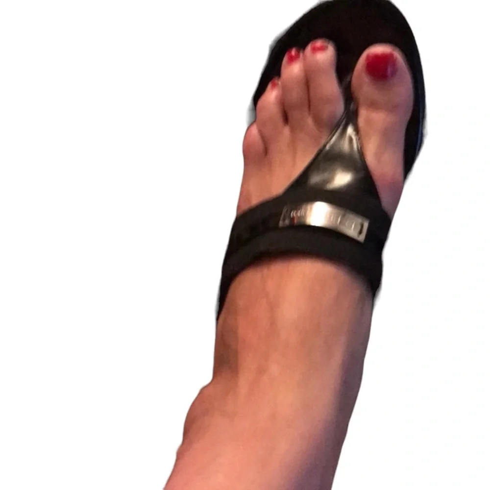 BCBG  size 9.5 black patent leather platform wedges canvas strap silver detail